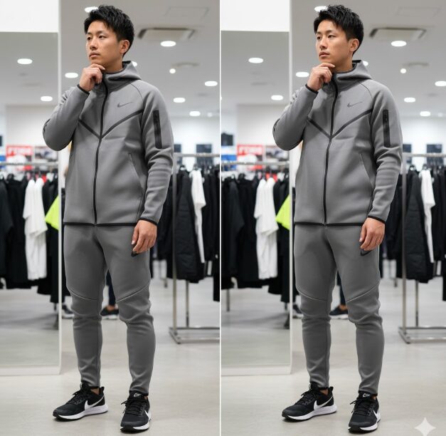 160cm男性がテックフリースS（ジャスト）とM（リラックス）を履き比べたシルエット比較