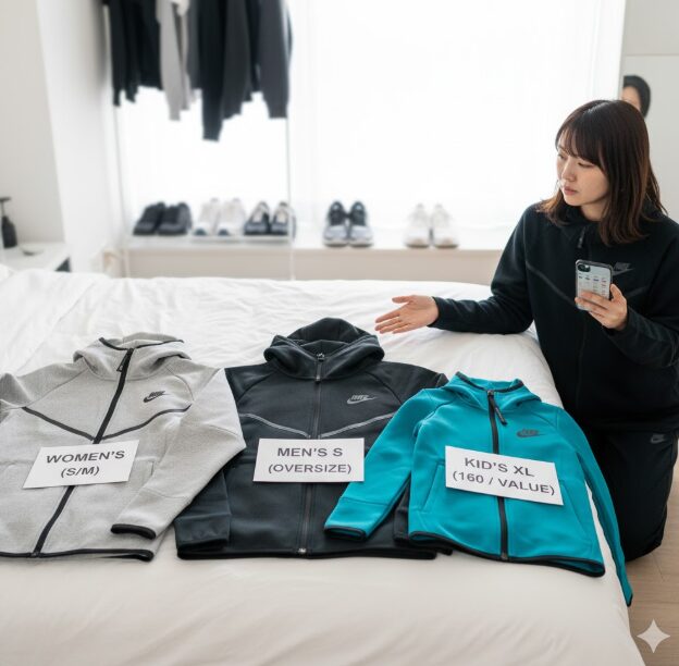 160cm女性がウィメンズ、メンズS、キッズXLのテックフリースをベッドに並べて比較検討している