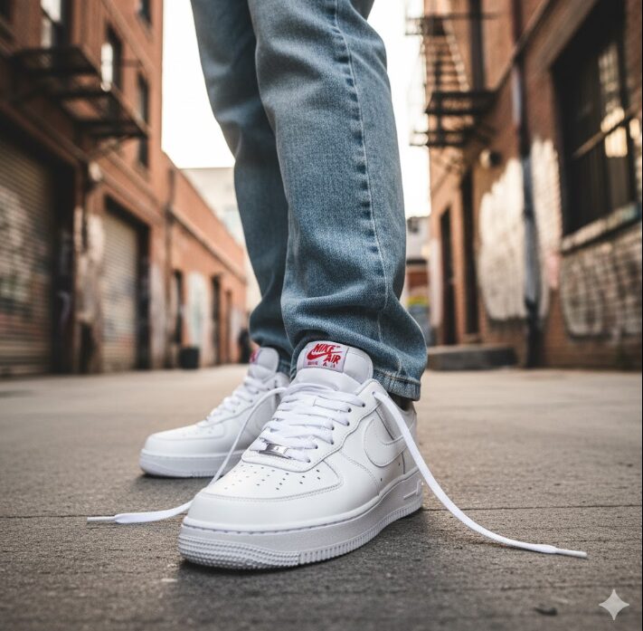 エアフォース1のトップアイレットを通さずに、靴紐を垂らしたストリートスタイルの足元。ジーンズを着用している。