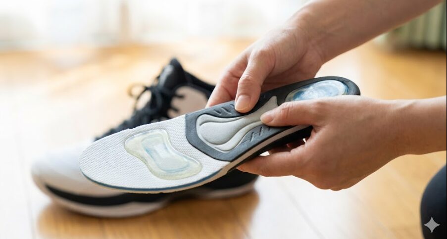 練習後のメンテナンスのために、内部からインソールが取り出され、靴紐が緩められてシュータンが大きく開いた状態のバッシュのクローズアップ。