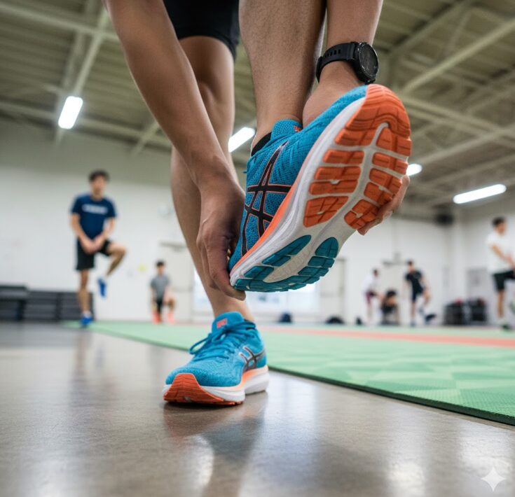 体育館でランニングシューズのかかとを床にトントンと合わせる男性ランナー