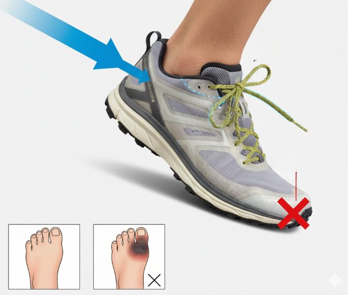 ヒールロックによって爪下血腫が予防される仕組みを示した図。靴内で足が前滑りするのを防ぎ、つま先への衝撃を軽減している。爪下血腫のイラストを比較して示す。