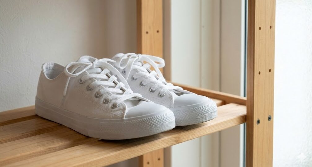 クリーニング後、ビニール袋から取り出され、風通しの良い日陰の木の棚で自然乾燥されている白いスニーカー。