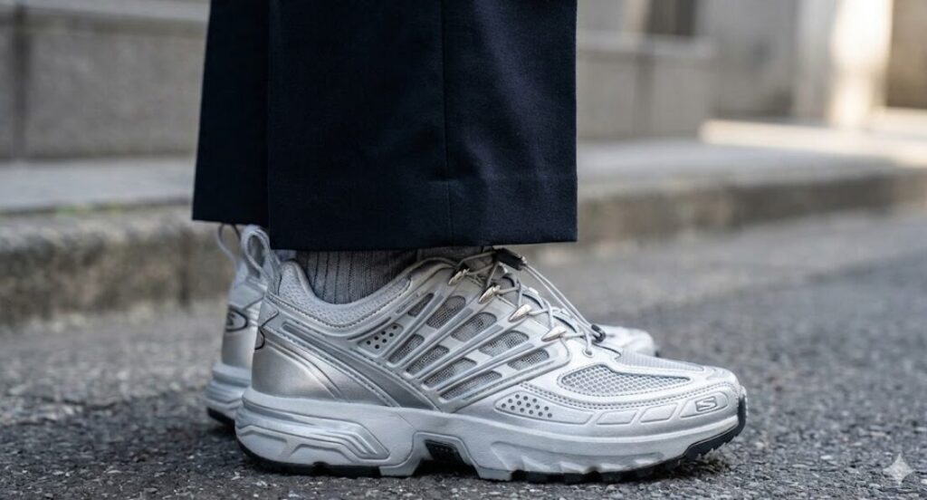 メカニカルな樹脂パーツとメッシュ構造が特徴的なシルバーのハイテクスニーカーの接写