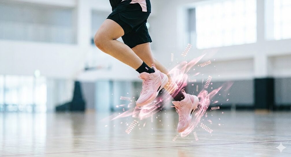 リーニンの核心技術であるBOOMミッドソールの拡大イメージ。超臨界発泡素材が衝撃を吸収し、エネルギーを反発させる様子を表現。