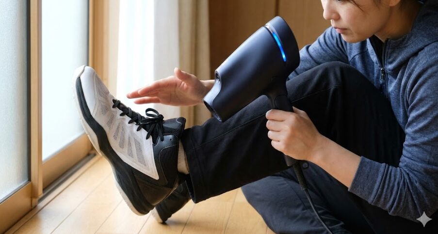 バッシュを傷めないよう、適切な距離を保ちながら、ドライヤーの冷風モード（COOL）を使って湿気を飛ばしているアジア人男性の手元の様子。