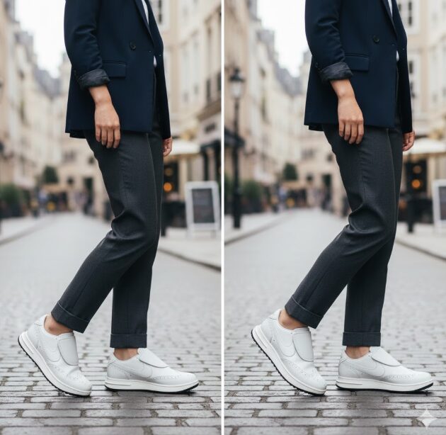 Kwondo1を着用し、ビジネスカジュアルな服装で都市を歩く日本人男性の足元を強調したライフスタイル画像。