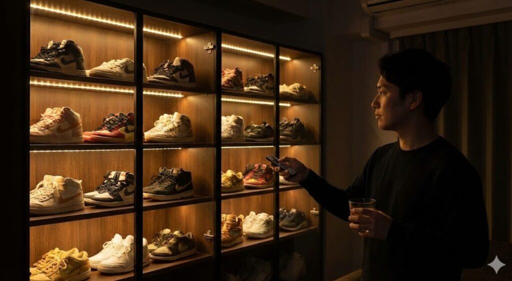 夜の暗い部屋で、棚に設置された温かい色のLED間接照明によってライトアップされたスニーカーコレクション。日本人の男性がリモコンで照明を操作しながら、お酒を片手に鑑賞している。