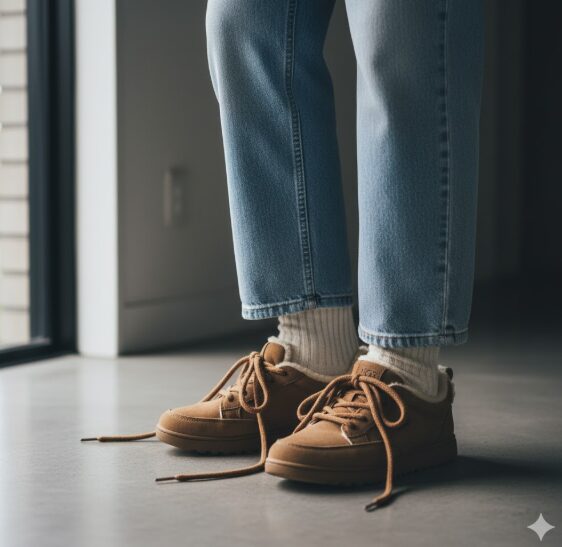 靴紐を結ばずにルーズに履いたスエードスニーカーとスウェットパンツを合わせた、リラックス感のある足元