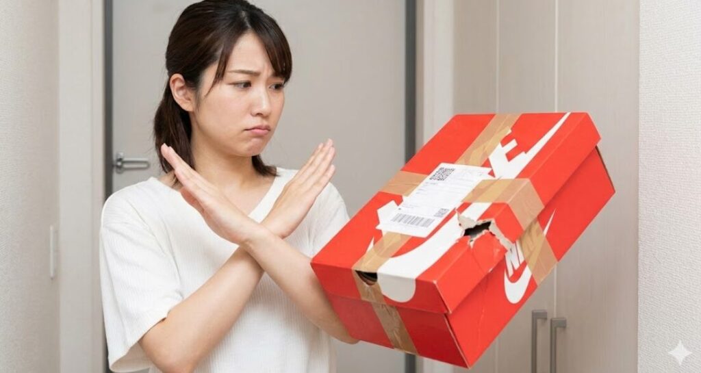 ジョーダンブランドのスニーカーの化粧箱に、配送伝票とガムテープが直接貼られた状態の写真。テープを剥がした跡で箱の表面が大きく破れ、価値が損なわれている様子が分かる。