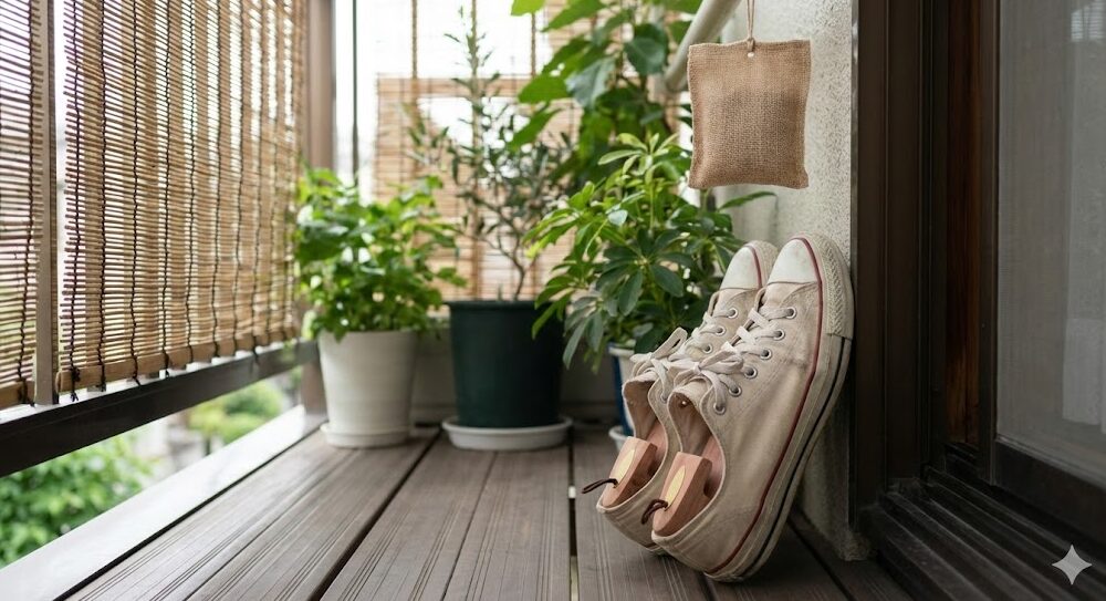 帰宅後、風通しの良い日陰で木製シューキーパーを入れて乾燥させているスニーカー。