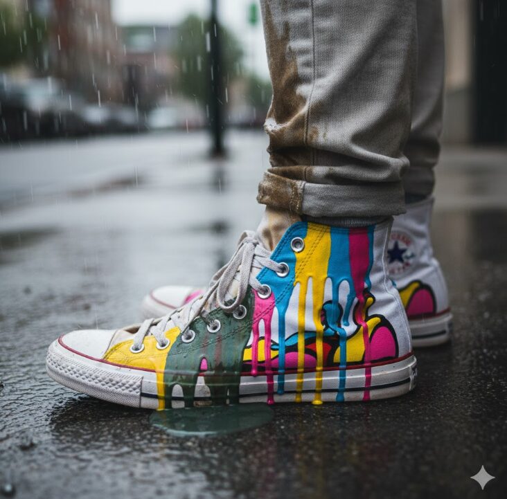 スニーカーに水性顔料マーカーを使用した際に雨でインクが溶け出し、色泣きして汚れてしまった様子