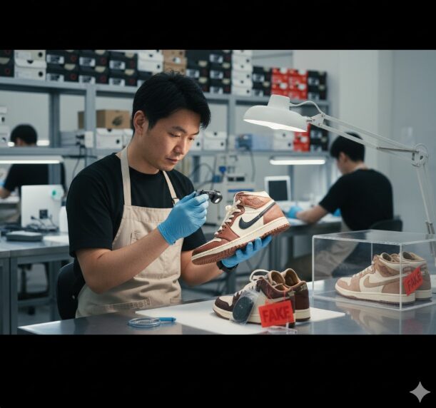 専門の鑑定施設で、グローブをはめた鑑定士がスニーカーの真贋を詳細にチェックしている様子。背景には他の鑑定士も作業している。