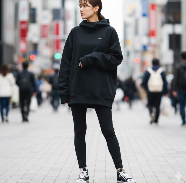 160cm女性がメンズSテックフリースフーディをオーバーサイズで着用し、Yラインシルエット