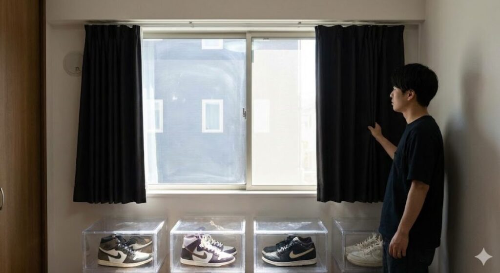 昼間の部屋で、窓にUVカットフィルムが貼られ、遮光カーテンが閉められている様子。窓から離れた場所にはUVカット機能付きのスニーカーボックスが置かれ、徹底した紫外線対策が施されている。