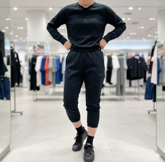 160cm女性がキッズXL(160)のテックフリースパンツを履き、丈がわずかに短く足首が見えている状態