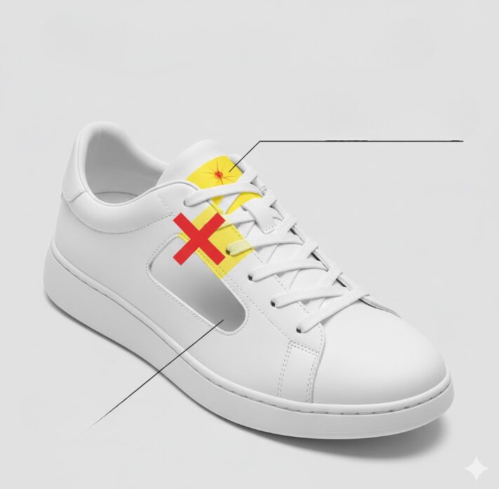 足の甲の痛みを避けるために、トップアイレットを避け、パラレル通し（縦通し）で靴紐を結んでいるスニーカーの図。神経圧迫を回避する領域が示されている。