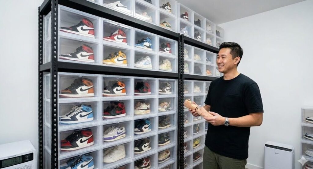 透明なドロップフロント式シューズボックスをスチールラックに整然と積み上げ、壁一面にスニーカーコレクションをディスプレイした部屋の様子。アジア人の男性コレクターが満足げにコレクションを眺め、手には木製シューキーパーを持っている。