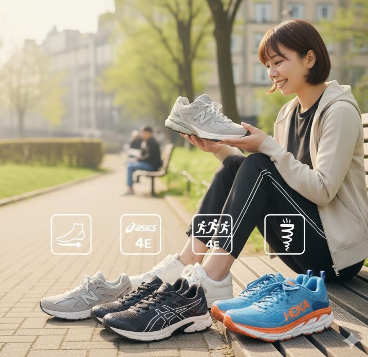 2E、4Eなどの幅広サイズやクッション性に優れた甲高・幅広の足におすすめのスニーカー3足の比較イメージ