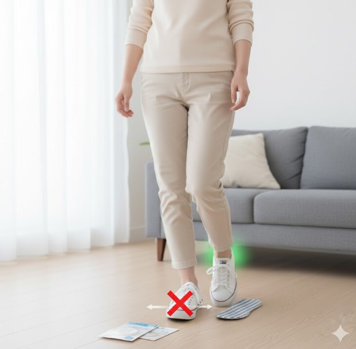 100均のかかとパッドをスニーカーのかかと内側に貼り付けている。かかとのフィット感を高める対策。