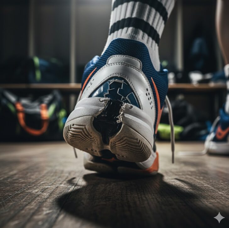 バッシュの踵（ヒールカウンター）を踏み潰している足元のクローズアップ。シューズの機能を破壊するNG行為。