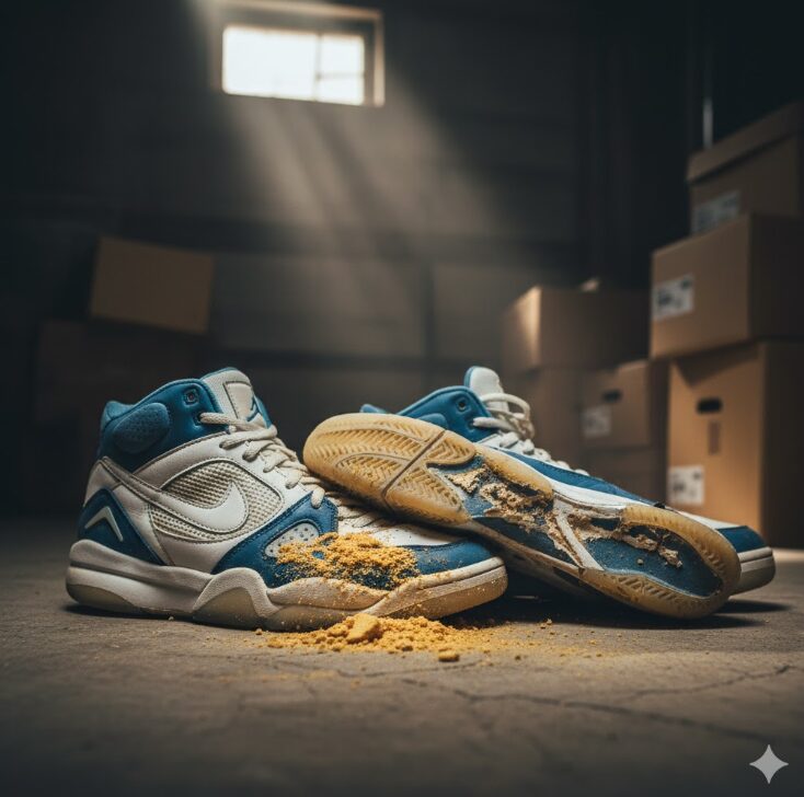 加水分解によりミッドソールが粉状に崩壊し、アウトソールが剥がれ落ちた古いバッシュの末路。