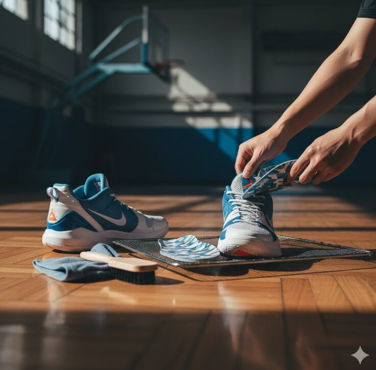 バッシュ本体からインソールを取り出し、風通しの良い日陰で乾燥させているメンテナンスの様子。