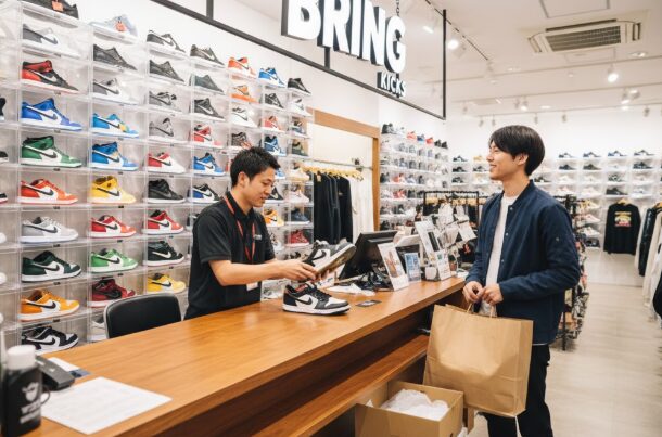 スニーカー買取専門店「BRING KICKS」の店内で、店員が来店客からスニーカーの査定を受けている様子。店内には多くのスニーカーが陳列されている。