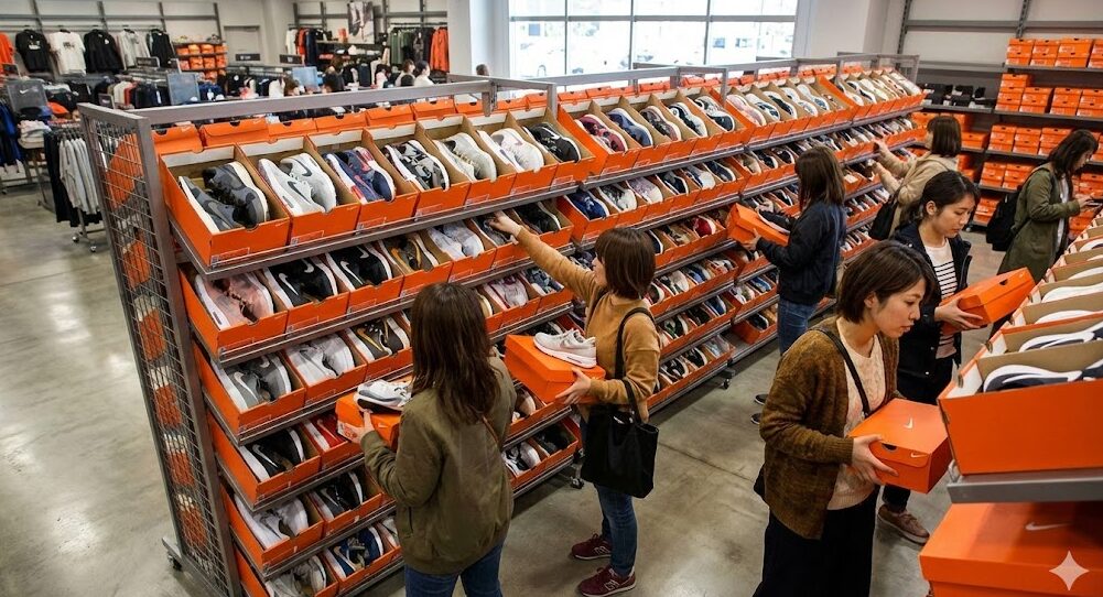 日本のナイキファクトリーストア（アウトレット）店内にある「ハッシュウォール」の写真。箱の蓋が切られたスニーカーが棚に山積みされており、掘り出し物を探す顧客の様子が写っている