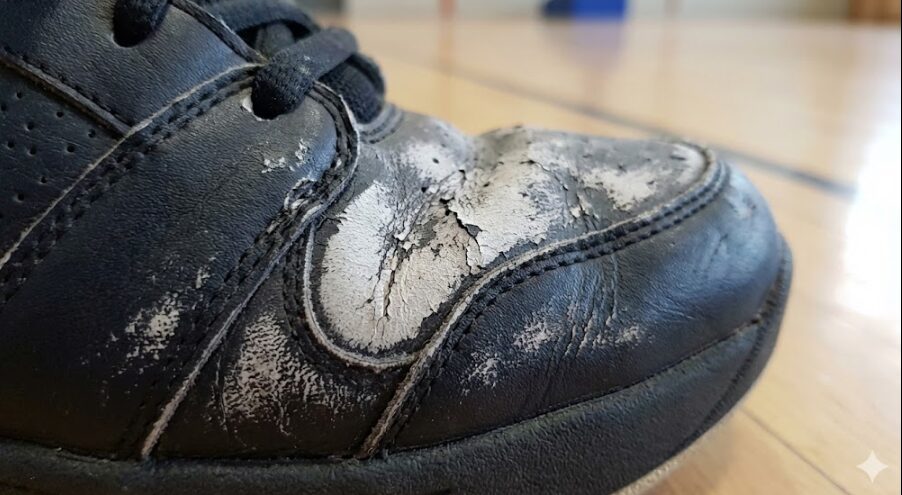 アルコール消毒液の付着により表面が変色し劣化したバスケットシューズのアッパー素材の拡大図