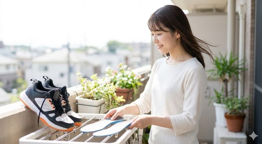 風通しの良い日陰でインソールを取り出して本体とは別に乾燥させているバスケットシューズ