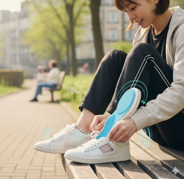 ハイアーチ（甲高）の足に対してアーチサポートインソールが土踏まずを支えている構造図