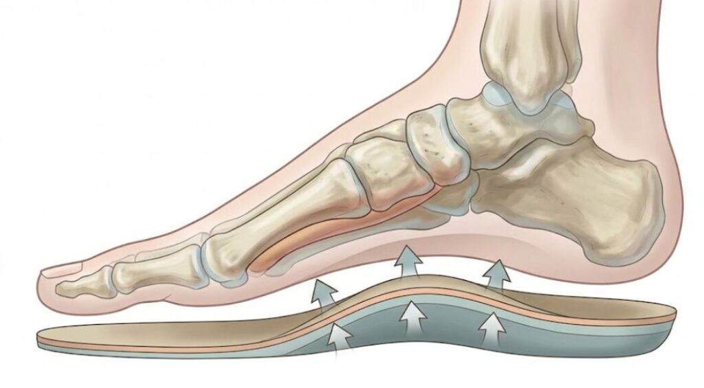 人間の足の骨格図（内側アーチ）と、その下にあるアーチサポート機能付きインソールの断面図。インソールが足の土踏まずの空間を埋めて支え、足本来のバネ機能を補助している様子を示す医療系イラスト。