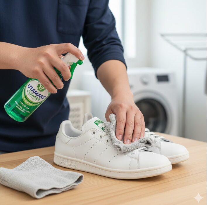 ウタマロスプレーと固く絞った濡れ雑巾、乾いた雑巾を使って、白い革のスニーカーを拭き掃除している様子。