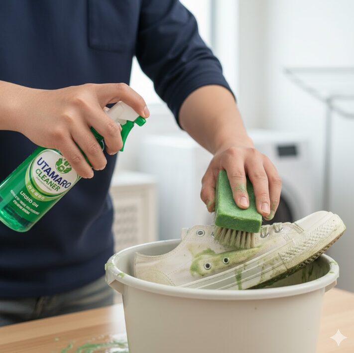 緑色のウタマロ石けんを白いキャンバススニーカーに直接塗り込み、ブラシで泥汚れをこすり洗いしている様子。