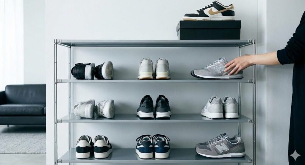 スチール製のオープンラックにスニーカーが飾られている様子。棚には適度な余白があり、スニーカーの向きを変えたり、最上段に箱とセットで置くなど、ショップ風のディスプレイが施されている。