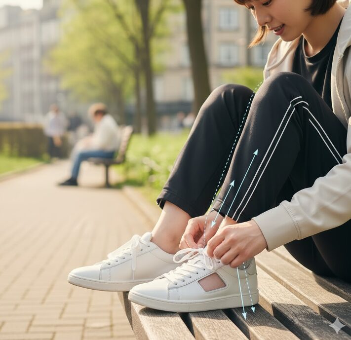 足の甲に硬いスニーカーのベロ（タン）が強く当たり圧迫されている様子をクローズアップした画像