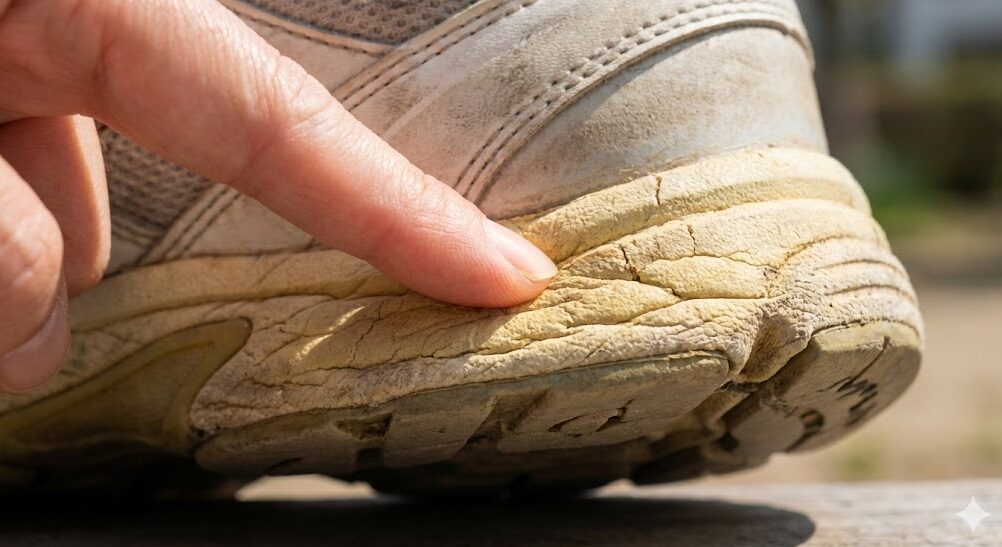 摩耗したランニングシューズのミッドソールを指で押し、クッションの弾力が失われている様子。