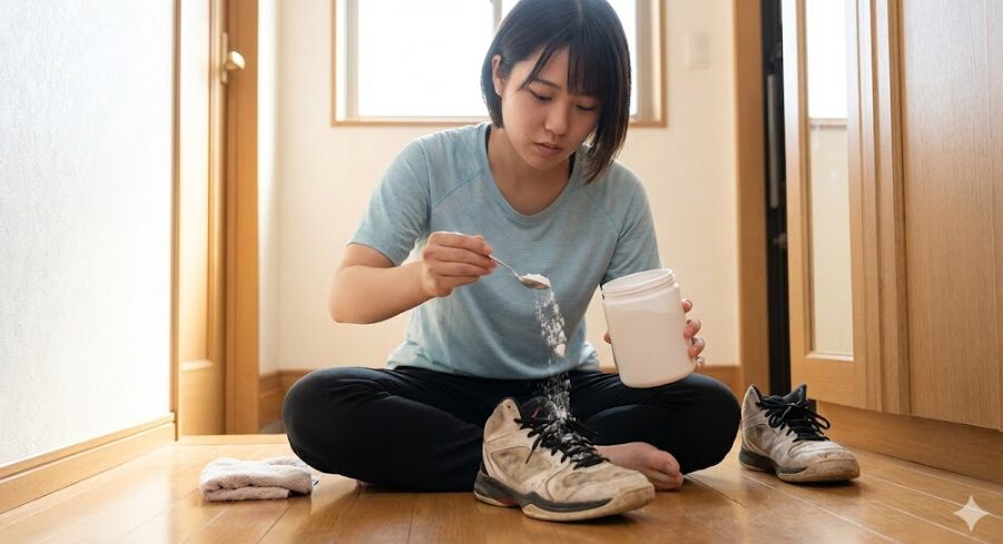 スプーンを使って白い消臭パウダーをバスケットシューズの中に散布している様子