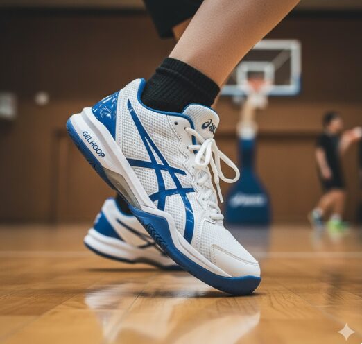 ゲルフープを履いた日本人プレイヤーの足元のクローズアップ。シューズが足に完璧にフィットし、長時間の練習でも快適であることを示している。