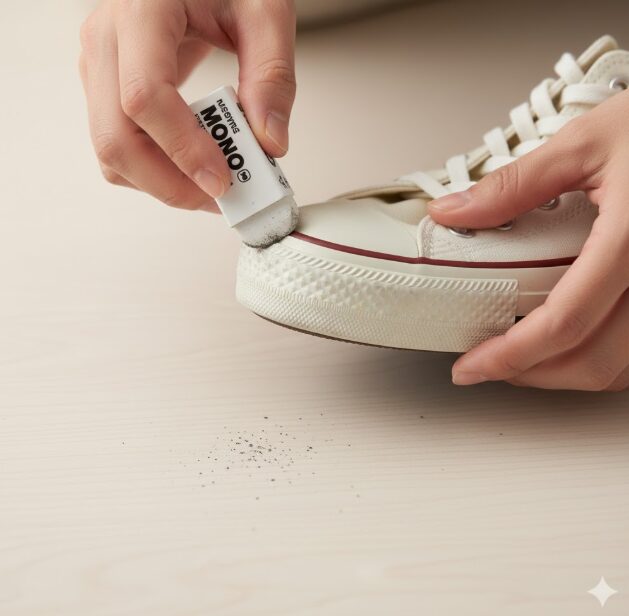 キャンバススニーカーのゴムソールの黒ずみを、白いプラスチック消しゴムで擦ってきれいに落としている様子。