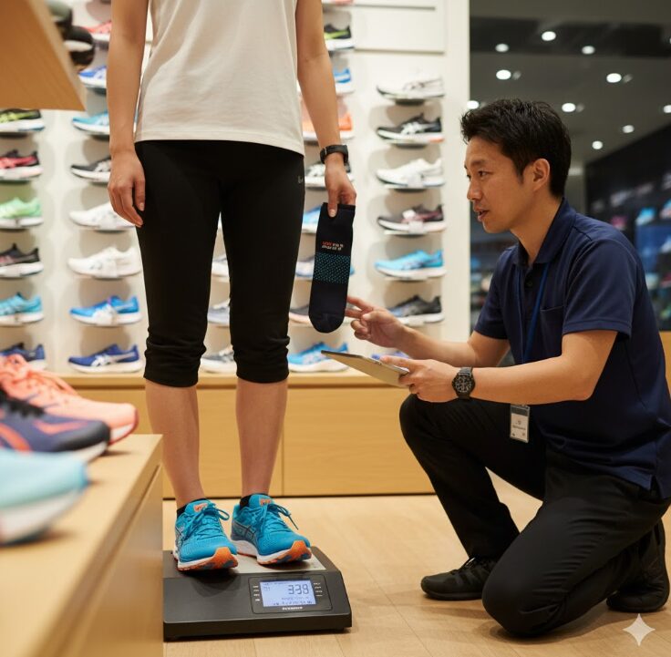 スポーツ用品店でランニングシューズを試し履きし、専門家からアドバイスを受けるアジア人女性