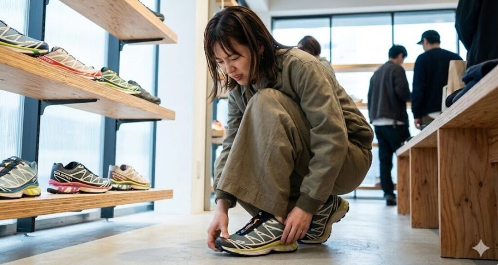 シューズショップでスニーカーを試着し、つま先のサイズ感を入念に確認する