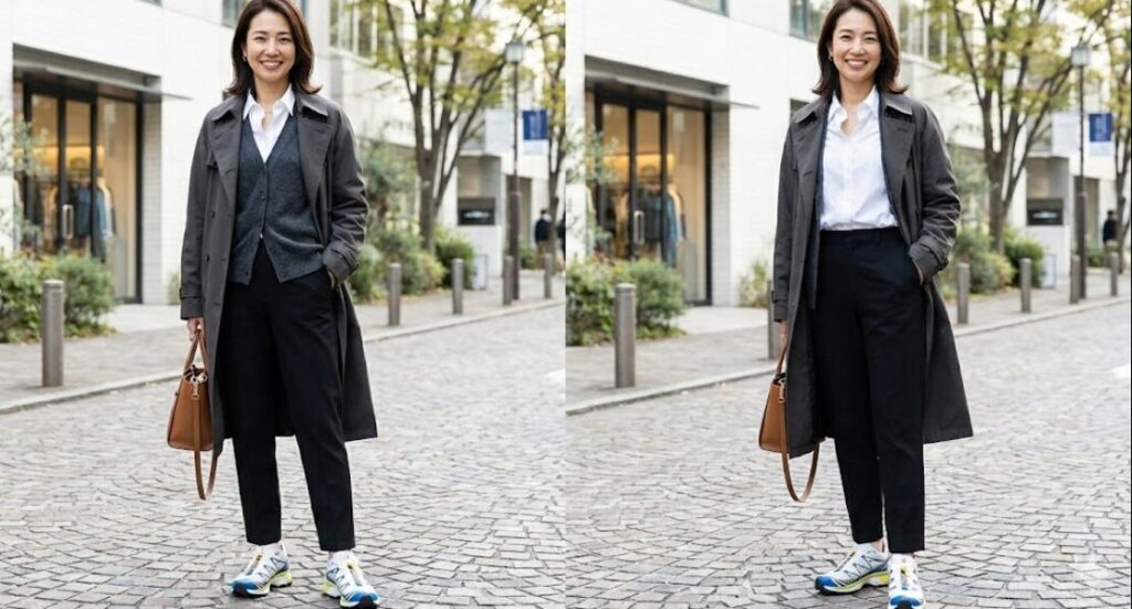 黒のスラックスにスポーティなテック系スニーカーを合わせた日本人男性のきれいめカジュアルコーデ