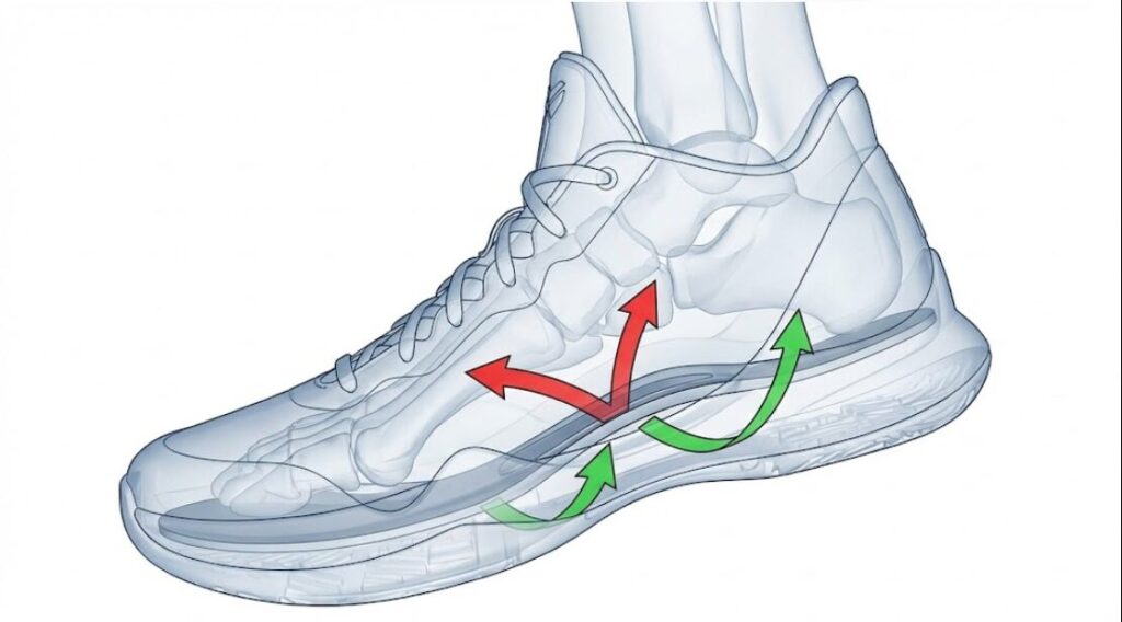 バスケットボールシューズ内部の土踏まず部分に配置されたシャンクプレートが、足のねじれを防ぎ（赤い矢印）、蹴り出しの反発力を補助する（緑の矢印）機能を示した透過イラスト。