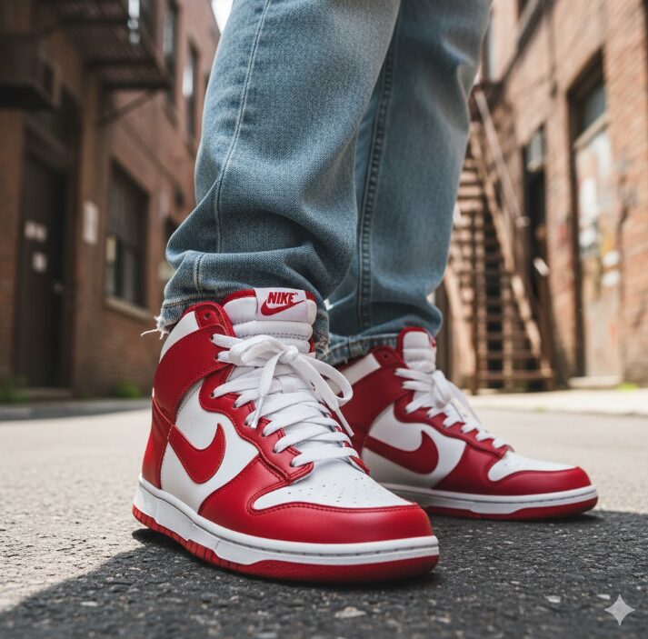 ダンクのトップアイレットを通さずに、シュータンのNIKEロゴを強調したストリートスタイルの足元。ジーンズを着用している。