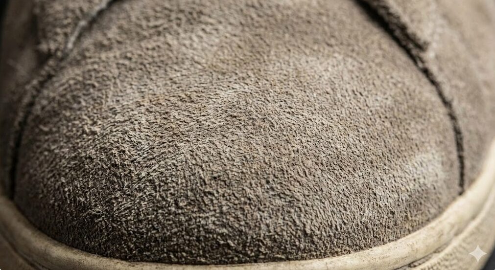 水洗いクリーニングによって油分が抜け、毛羽立ちが失われて硬くガサガサになったスエード素材のスニーカーのクローズアップ写真。