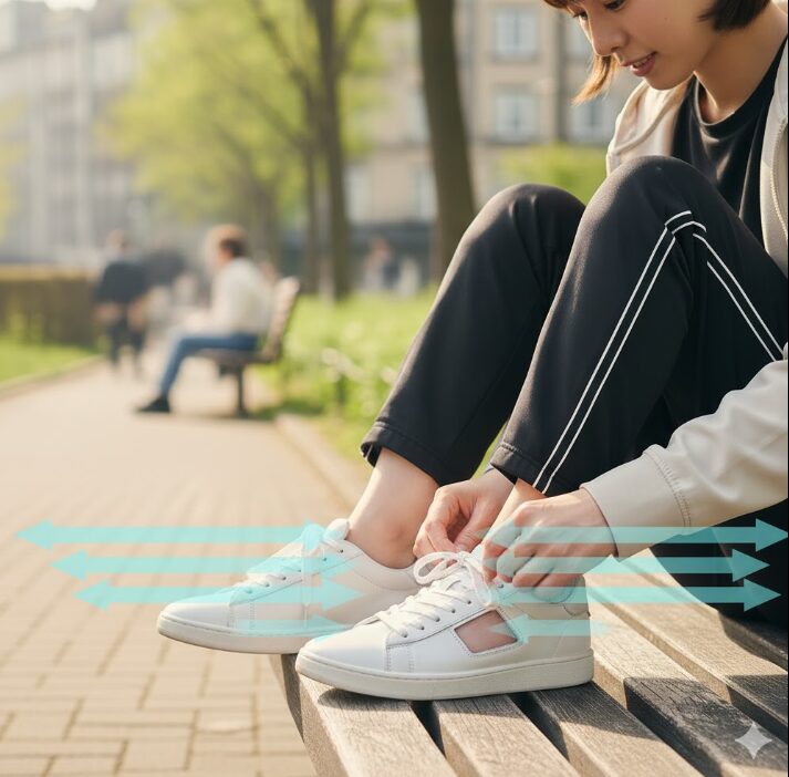 甲全体への圧力を均等に分散させるストレート・バー・レーシング（一文字通し）の靴紐の通し方