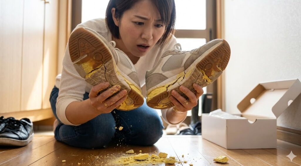 加水分解によりポリウレタン製のソールがボロボロに崩れ、ひび割れや粉吹きが発生している危険なスニーカーの底