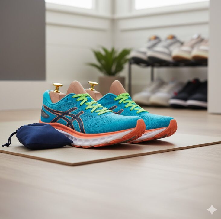 木製シューキーパーを挿入し、型崩れを防ぎながら保管されているランニングシューズ